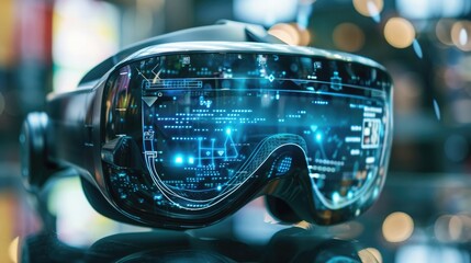 A futuristic augmented reality headset, overlaying digital information and immersive virtual elements onto the real world with advanced spatial mapping and gesture recognition technology. - obrazy, fototapety, plakaty