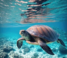 A green sea turtle swimming in the ocean.