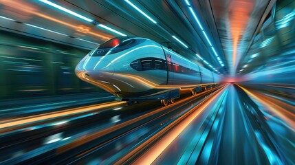 A futuristic high-speed train, traveling at blistering speeds along magnetic levitation tracks with ultra-smooth acceleration and deceleration for rapid intercity transportation.