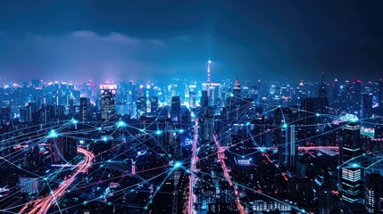 A futuristic smart city skyline, illuminated with vibrant LED lights and interconnected...