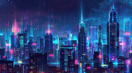 A futuristic smart city skyline, illuminated with vibrant LED lights and interconnected...