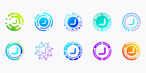 Collection of creative modern digital technology letter J logos. logo can be used for technology, digital, connection, data, electricity companies.