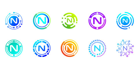 Collection of creative modern digital technology letter N logos. logo can be used for technology, digital, connection, data, electricity companies.