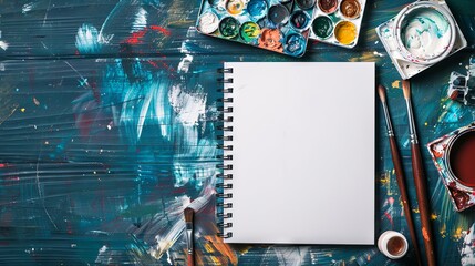 Table with paintings brush and sketchbook empty sheet top view wallpaper background - Powered by Adobe
