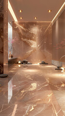 A luxury spa lobby with walls and floors clad in rose gold marble. 32k, full ultra HD, high resolution