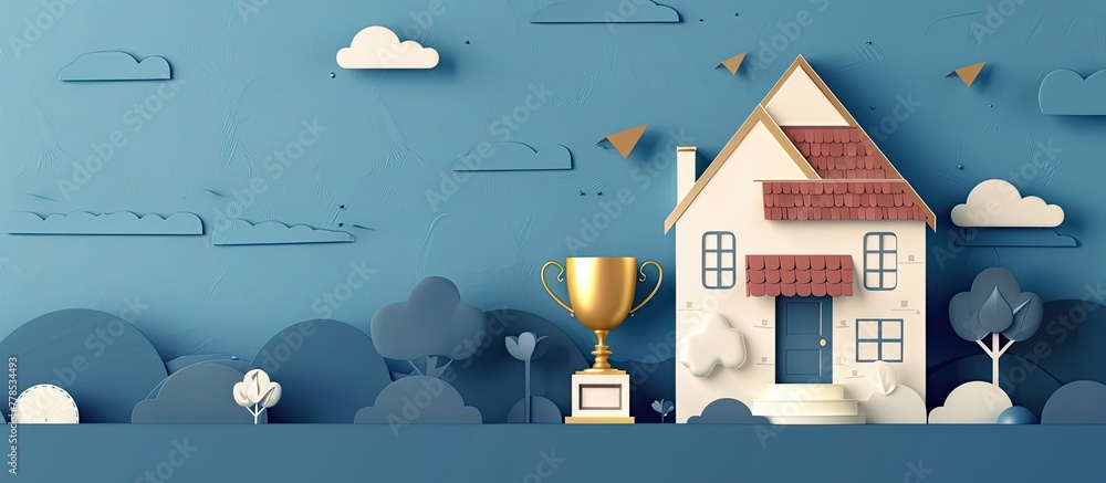 Poster a house with a trophy in front of it against a backdrop of azure sky and water. the building stands 