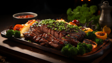 Pork Cha Shao (famous Chinese barbecue) sliced on a board