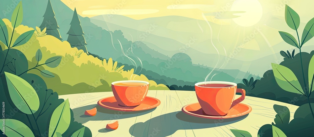 Poster two coffee cups on a saucer sit on a table with a mountain and clouds in the background, creating a 