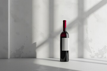
A bottle of wine stands on a table in a bright room, a label without inscriptions, a template for advertising, a mockup. Wine advertising banner concept. Red wine, white wine, alcoholic drink.