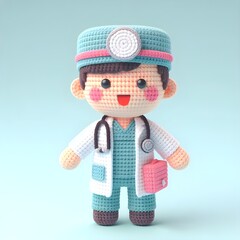 Ai Generated Crochet doll a doctor cute excited funny smiling wearing uniform and equipment, is standing, 3d render