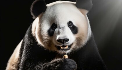 Obraz premium Stunning Panda Portrait: Professional Studio Setup with Key Light, Providing Ample Copy Space Against Black Background