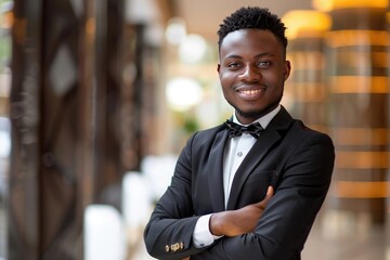 Confidence and charisma. Cheerful young African man in full suit keeping arms crossed 