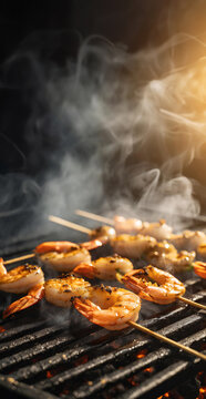 Skewers of shrimp sear on a charcoal grill - delicious prawns make for a healthy grilled meal with lemon, garlic, rosemary and olive oil - a vertical, scrollable image for responsive websites - smoke