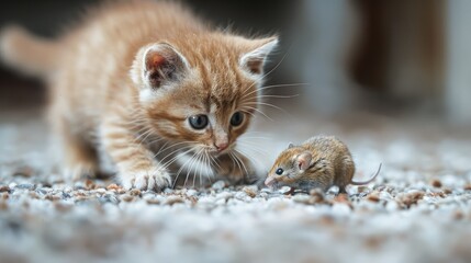 
Little cute kitten hunt a mouse. First hunt. Cat and mouse. The kitten catches the mouse. The kitten is playing. Cute pets. Cute cats.