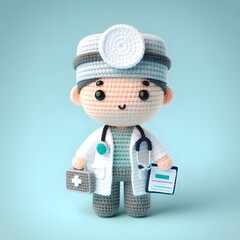 Ai Generated Crochet doll a doctor cute excited funny smiling wearing uniform and equipment, is standing, 3d render