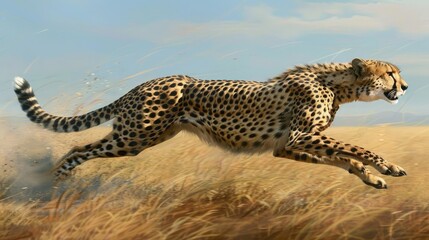 A graceful cheetah, its sleek body stretched out in a full sprint as it races across the African savanna in pursuit of prey.