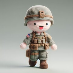 Ai Generated Crochet doll Army cute excited funny smiling wearing uniform and equipment, is standing. 3d render