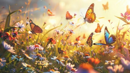 A group of colorful butterflies, fluttering among the wildflowers in a sun-drenched meadow with delicate grace. - obrazy, fototapety, plakaty