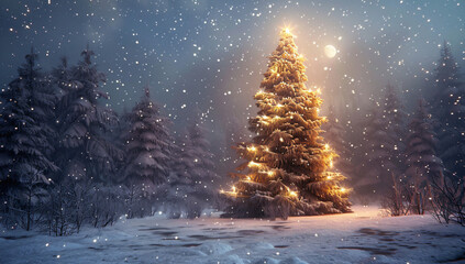 A lone Christmas tree in the snow, illuminated by moonlight against an enchanted forest backdrop. The scene is bathed in soft glow of starry night sky. High resolution, photo realistic