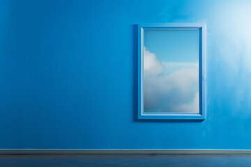 In an art gallery, a calming blue wall is adorned with a single, empty sky-blue frame. The lightness of the frame contrasts with the darker hue of the wall, evoking a sense of openness.