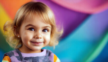 Portrait of a cute smiling blonde toddler girl with colorful background. AI generated. - obrazy, fototapety, plakaty