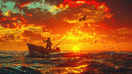 Solitary Fisherman Silhouetted Against a Breathtaking Sunset Seascape with Dramatic Clouds and Vibrant Reflections in the Calm Ocean Waves - obrazy, fototapety, plakaty