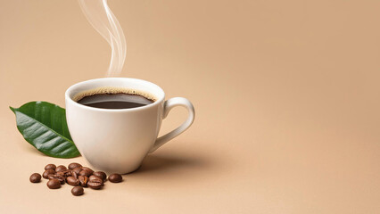Steaming coffee in a white cup, coffee beans and a green leaf isolated on a beige background with copy space – caffeine, espresso, hot beverage, morning drink, breakfast concept