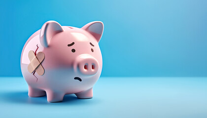 Sad broken piggy bank with adhesive bandage isolated on a blue background with copy space – economy, finance, savings, crisis, problem, bankruptcy, expense, debt, frugality, loss, recovery concept
