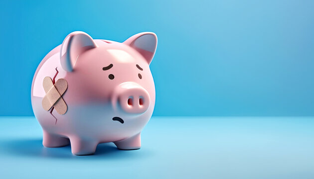 Sad broken piggy bank with adhesive bandage isolated on a blue background with copy space &ndash; economy, finance, savings, crisis, problem, bankruptcy, expense, debt, frugality, loss, recovery concept