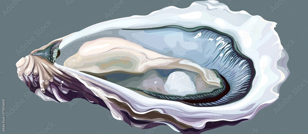 Poster a close up of an oyster shell with a pearl inside of it on a gray background . high quality
