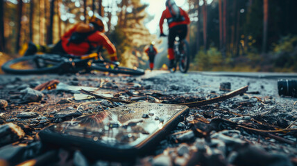 Naklejka premium Cyclist's Tragic End Highlighted by Broken Phone. Shattered Phone and Ambulances