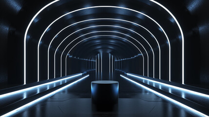 Futuristic dark podium surrounded by a dynamic interplay of lights and shadows, set against a reflective background for an immersive experience