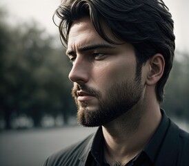 Obraz premium A man with long hair and a beard, wearing a black shirt and standing in front of a tree.