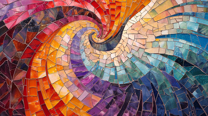 Vibrant spiral of angled wings in a multi-colored marble mosaic