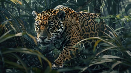 A lone jaguar, stealthily stalking its prey through the dense underbrush of the rainforest, its powerful muscles rippling beneath its spotted coat. - obrazy, fototapety, plakaty