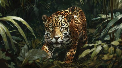 A lone jaguar, stealthily stalking its prey through the dense underbrush of the rainforest, its powerful muscles rippling beneath its spotted coat.