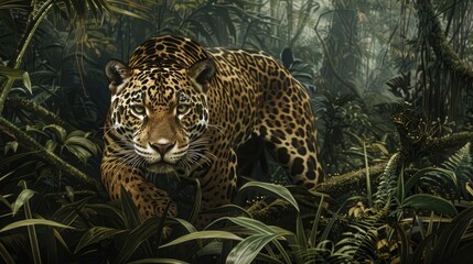 A lone jaguar, stealthily stalking its prey through the dense underbrush of the rainforest, its powerful muscles rippling beneath its spotted coat. - obrazy, fototapety, plakaty