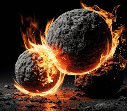 A group of three rocks with flames coming out of them.