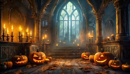 Spooky Mansion: Creepy Halloween Background with Candles, Glowing Pumpkins, and Eerie Atmosphere - obrazy, fototapety, plakaty