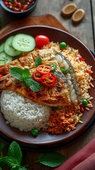 Malaysian Nasi Dagang with Halal Fish, Delicious food style, Horizontal top view from above