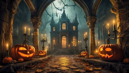 Spooky Mansion: Creepy Halloween Background with Candles, Glowing Pumpkins, and Eerie Atmosphere