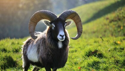 A close-up of a brown mouflon ram with large, curled horns - obrazy, fototapety, plakaty