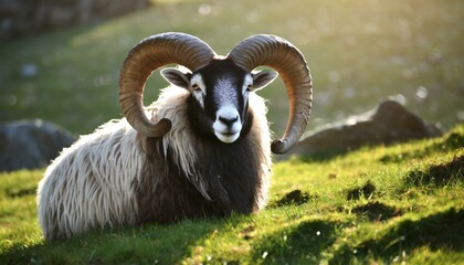 A brown mouflon ram with a watchful gaze stands in a grassy field - obrazy, fototapety, plakaty