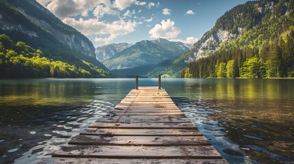 dock on the shore of a lake, in the mountains - obrazy, fototapety, plakaty