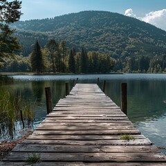 Naklejka premium Dock on lake surrounded by trees and mountains in the background.