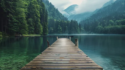  Dock on lake surrounded by trees and mountains in the background. © Vlad Kapusta