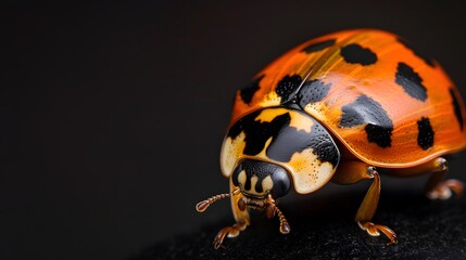 close up portrait of a lady bug, photo studio set up with key light, isolated with black background and copy space