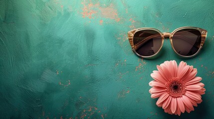 sunglasses and pink flower lay on a green background, in the style of light teal and dark orange, minimalist backgrounds, enigmatic tropics - generative ai