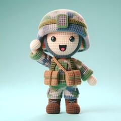 Ai Generated Crochet doll Army cute excited funny smiling wearing uniform and equipment, is standing. 3d render