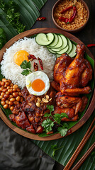 Malaysian Nasi Lemak with Ayam Goreng, Delicious food style, Horizontal top view from above